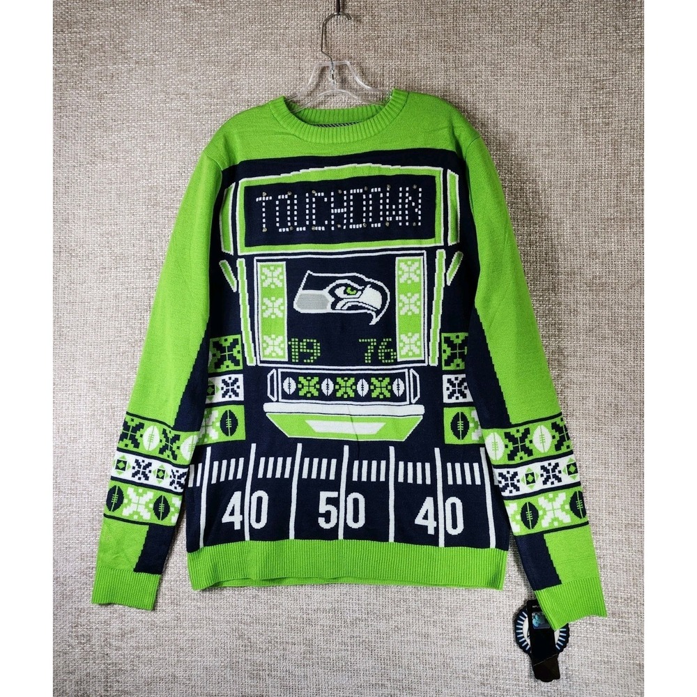 NFL Team Apparel Seattle Seahawks Ugly Christmas Sweater Mens Large Light Up NWT